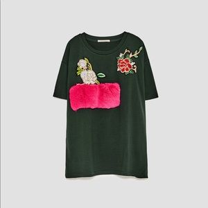 Cotton mixed T shirts with sequins & faux fur, NWT